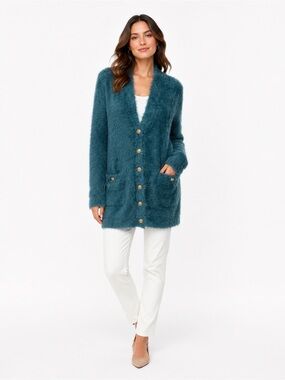 Ronny Kobo Collection Teal Fuzzy Button-Front Cardigan Medium